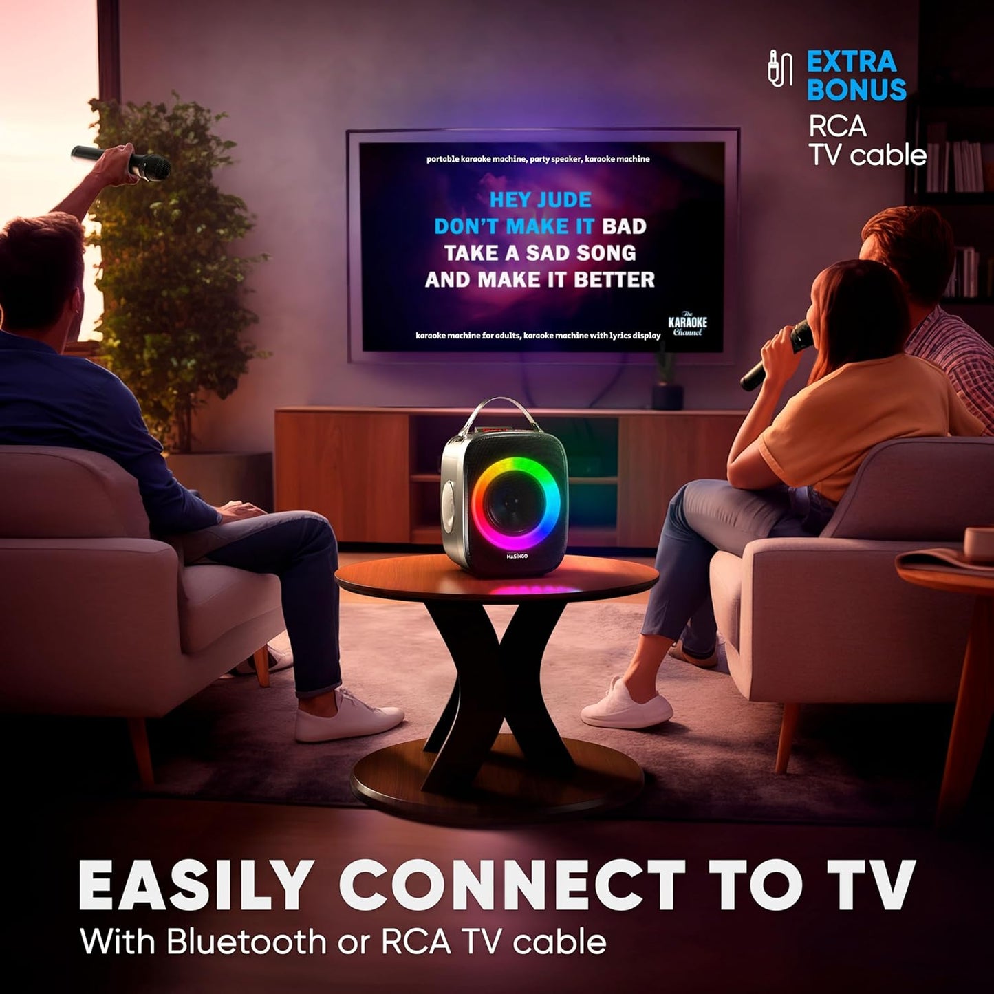 MASINGO Karaoke Machine for Kids and Adults with 2 Wireless Bluetooth Microphones, Portable 3D Sound Speaker with Colorful LED Lights, Supports TF Card/USB, AUX in, FM, TWS for Home Party, Cantando C2