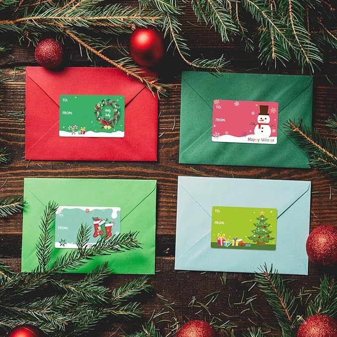 500 PCS Christmas Gift Tags, Self Adhesive Santa Claus Stickers, Festive Holiday Name Labels for Wrapping Paper Presents Decor, 8 Designs