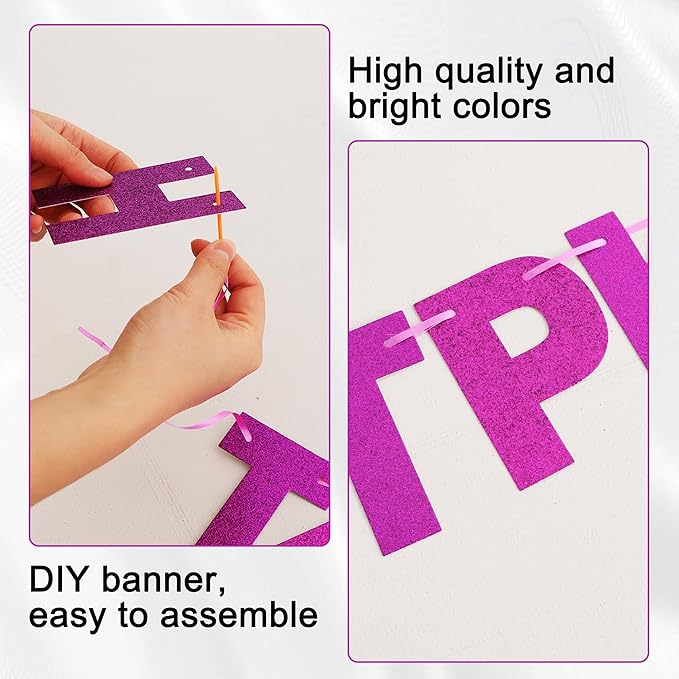 BEISHIDA 116 PCS A-Z Glitter Purple DIY Letter Banner Kit Make Your Own Banner，Including 111 Letters and Numbers 3 Rope and 2 Threading Device,Customized for Birthday Graduation Wedding Party Decor