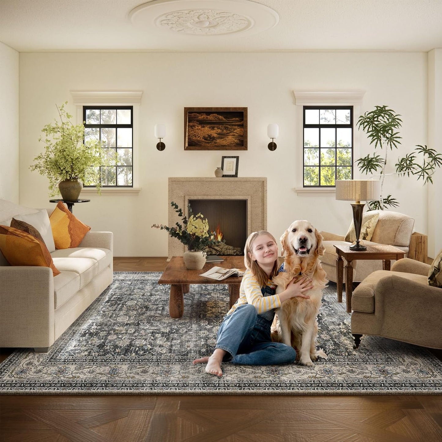 Machine Washable Rugs for Living Room: 5x7 Bedroom Rug Vintage Boho Area Rug Stain Resistant Non Slip Low Pile Lightweight Soft Carpets for Living Room Dining Room Kitchen Nursery Kids Room Farmhouse