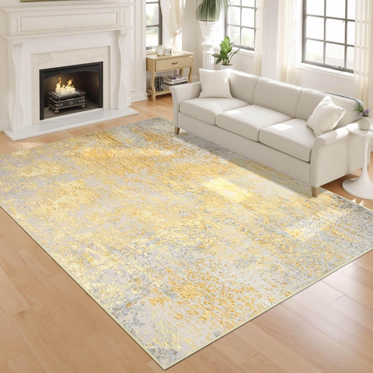 Living Room Rugs 6x9 Gold Washable Area Rug, Abstract Modern Bedroom Rugs Non Slip Stain Resistant Neutral Large Carpet for Nursery, Dining, Kids Playroom, Dining Room, Office