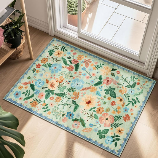 Door Mat Indoor Entrance 2x3 Area Rug Washable Boho Vintage Flower Pattern Non Slip Kitchen Rugs Cute Sage Green Stain Resistant Sound Absorbing Small Carpet Rug for Entryway Kitchen Bedside Bathroom