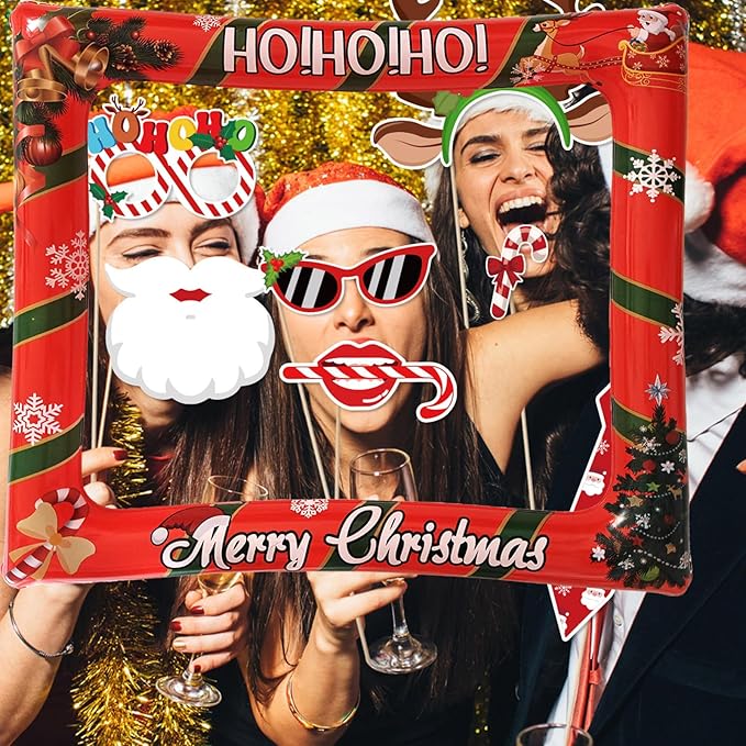 32 PCS Christmas Photo Props with Inflatable Selfie Photo Booth Frame - Funny Christmas Themed Photo Booth Selfie Frame Props for Adults Kids Red and Green Christmas Party Supplies Decorations