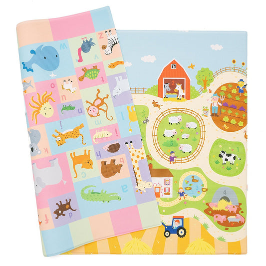 Baby Care Play Mat (Medium, Playful - Busy Farm) 73’’ x 49’’ Original One-Piece Reversible Rollable Waterproof Play Mat for Infants, Babies, Toddler, and Kids
