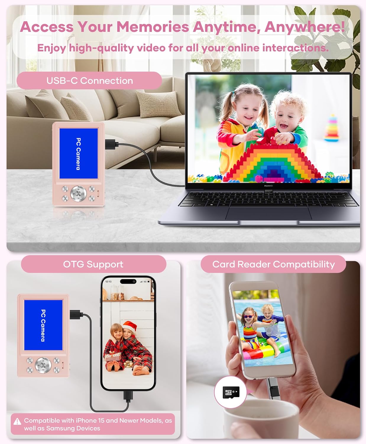 WONNIE Digital Camera 56MP, FHD 1080P Point & Shoot Camera with 32GB SD Card, 2 Batteries, and Lanyard, Ideal for Kids & Teens, Suitable Gift for Girls，Pink, 2-Pack
