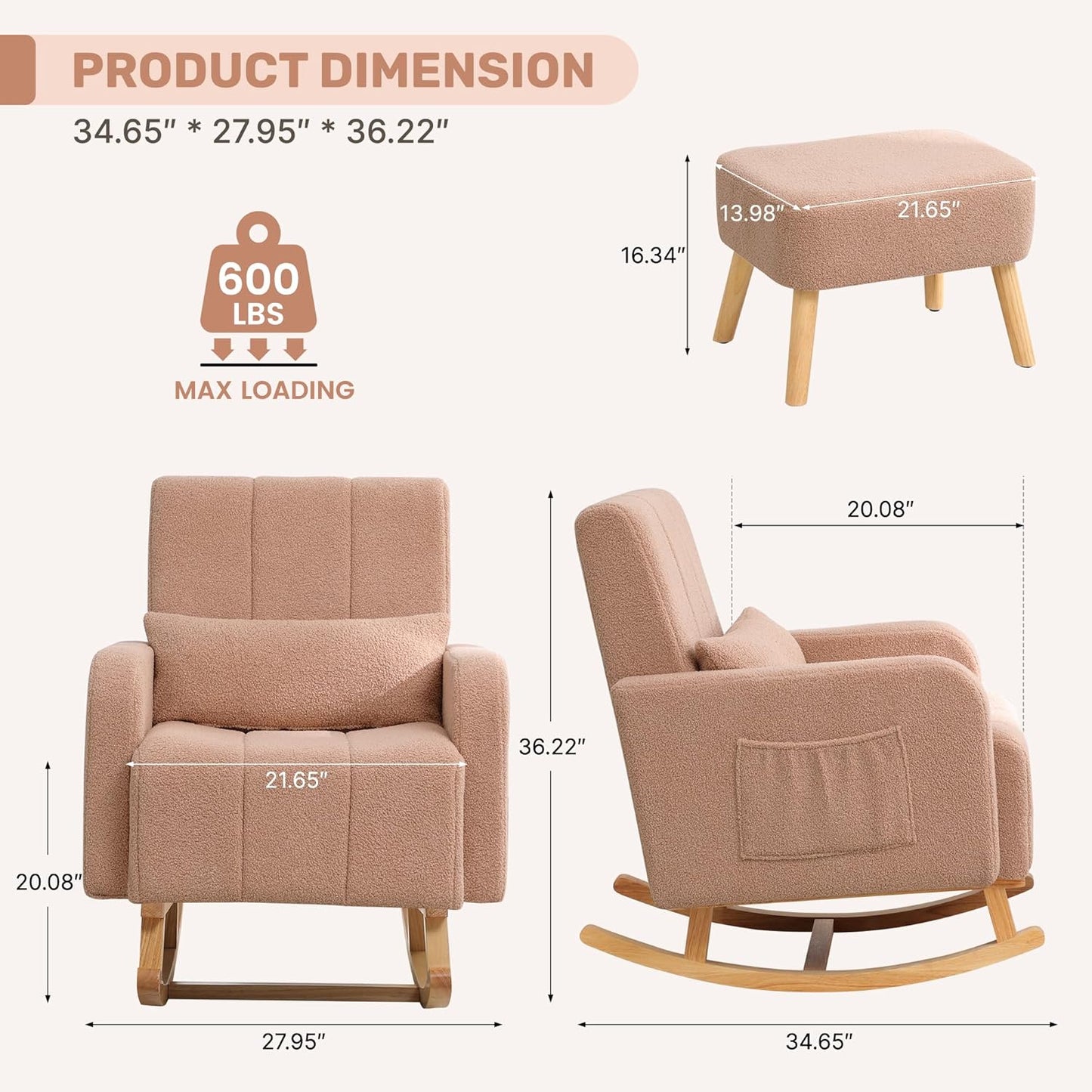 Rocking Chair with Ottoman, Upholstered Glider Rocker with High Backrest and Side Pocket, Comfy Reading Chair with Solid Wood Legs for Nursery, Living Room,Bedroom Coffee