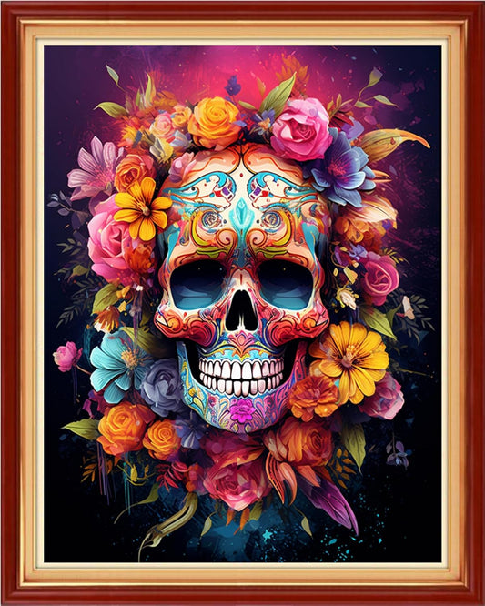 Stamped Cross Stitch Kits - Beach Night Landscape Counted Cross Stitch Kits for Beginners Adults Needlepoint Cross-Stitch Patterns-Skeleton Flowers 16x20 inchs