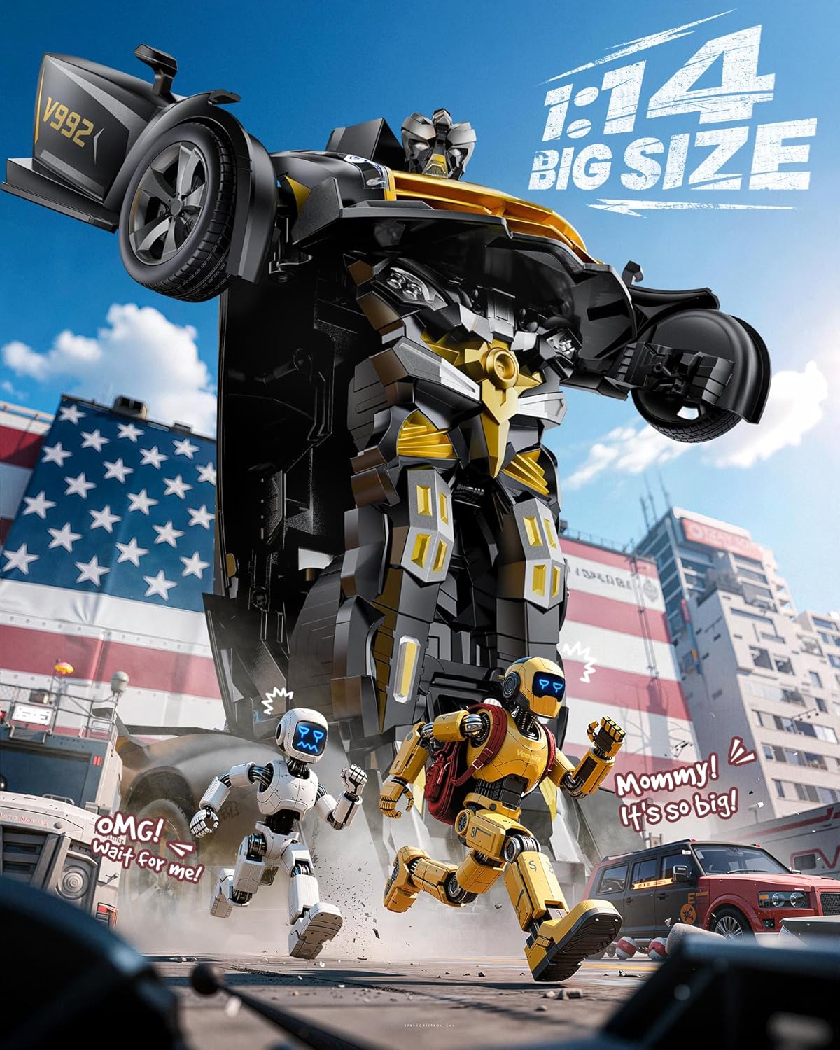 V992 Transform Remote Control Car, Transform Robot RC Cars, 1:14 Scale, 2-in-1 Robot Toy Car with Sound & Light, Gesture Sensing, Automatic Deformation, Great Gift Toys for Boys and Girls 4-6 (Golden)