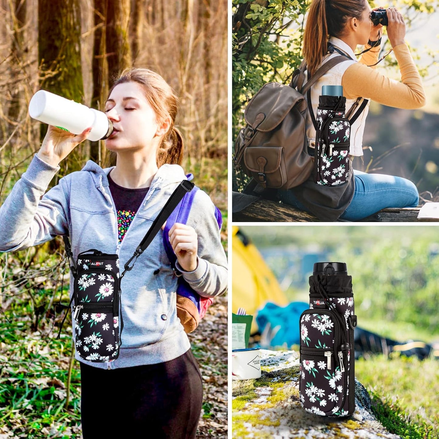 AUPET Water Bottle Sling Bag Sleeve Holder Carrier 25/32/40/64 oz,Insulated Crossbody Water Bottle Case Cover with Strap and Pockets for Men/Women Walking Hiking