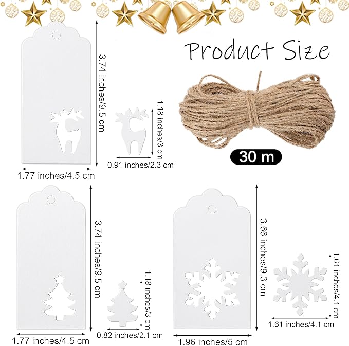 Aneco 150 Pieces Christmas Paper Gift Tags White Kraft Tags Hang Labels Christmas Tree Snowflake Reindeer Design with 30 Meters Jute Twine for Christmas DIY Wrapping Favor Holiday Present