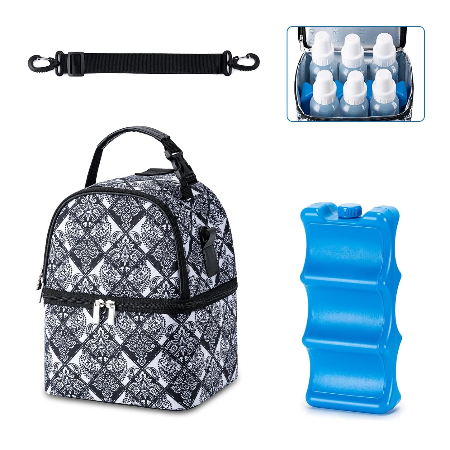 Breastmilk Cooler Bag with Ice Pack Fits 6 Baby Bottles up to 9 Ounce, Breast Milk Pump Cooler Bag with Shoulder Strap for Nursing Mom Daycare, Work, Travel- Black