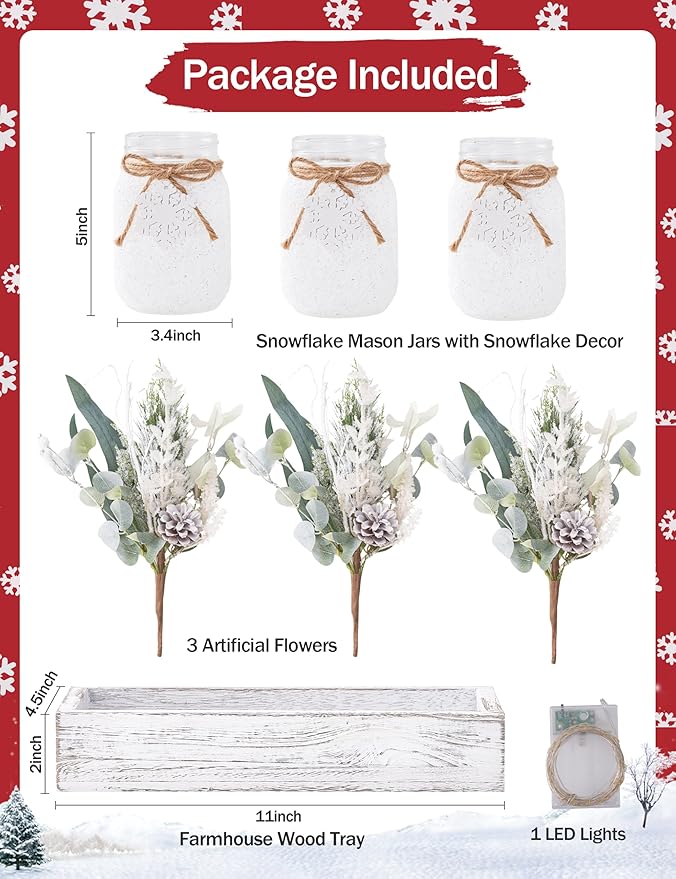 Winter Centerpieces for Tables, Table Decor with Mason Jar, Flowers Picks, Farmhouse Wood Tray, Snowflake Sign, Christmas Winter White Wonderland Table Decorations Centerpieces Indoor for Home