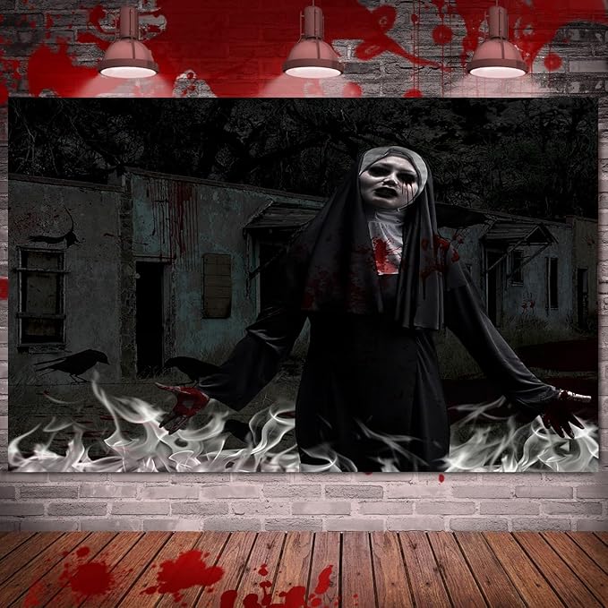 QGHOT Halloween Tapestry, Gothic Horror Movie Tapestry Wall Hanging Spooky Halloween Backdrop Creepy Scary Nun Haunted House Wall Decor for Bloody Party Decorations (59.1"x51.2")
