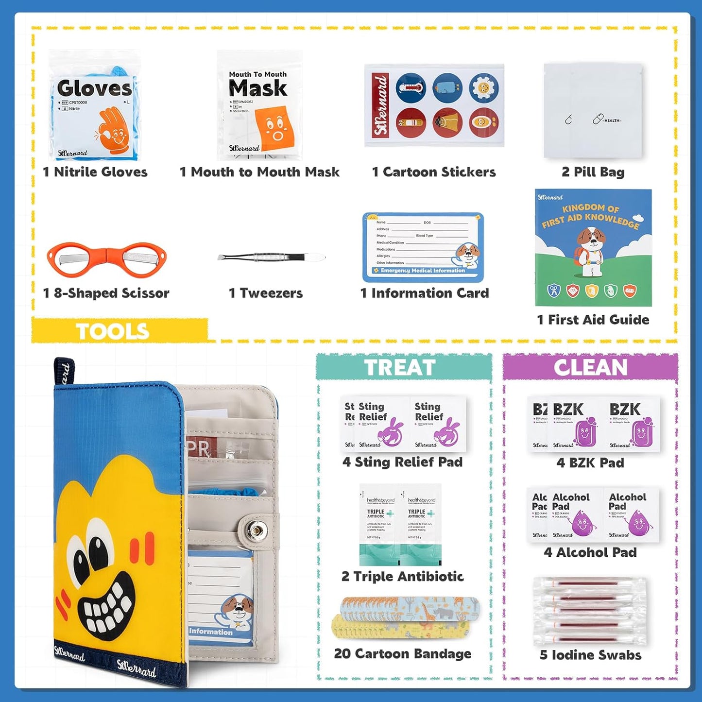 StBernard First Aid Kit for Kids, Small Pocket Size Medical Kit with Cute Bnadages, Tools for Daily Emergencies, Organized Pouch for Toddler & Children, Home, Camping, Travel, Playground (Blue)