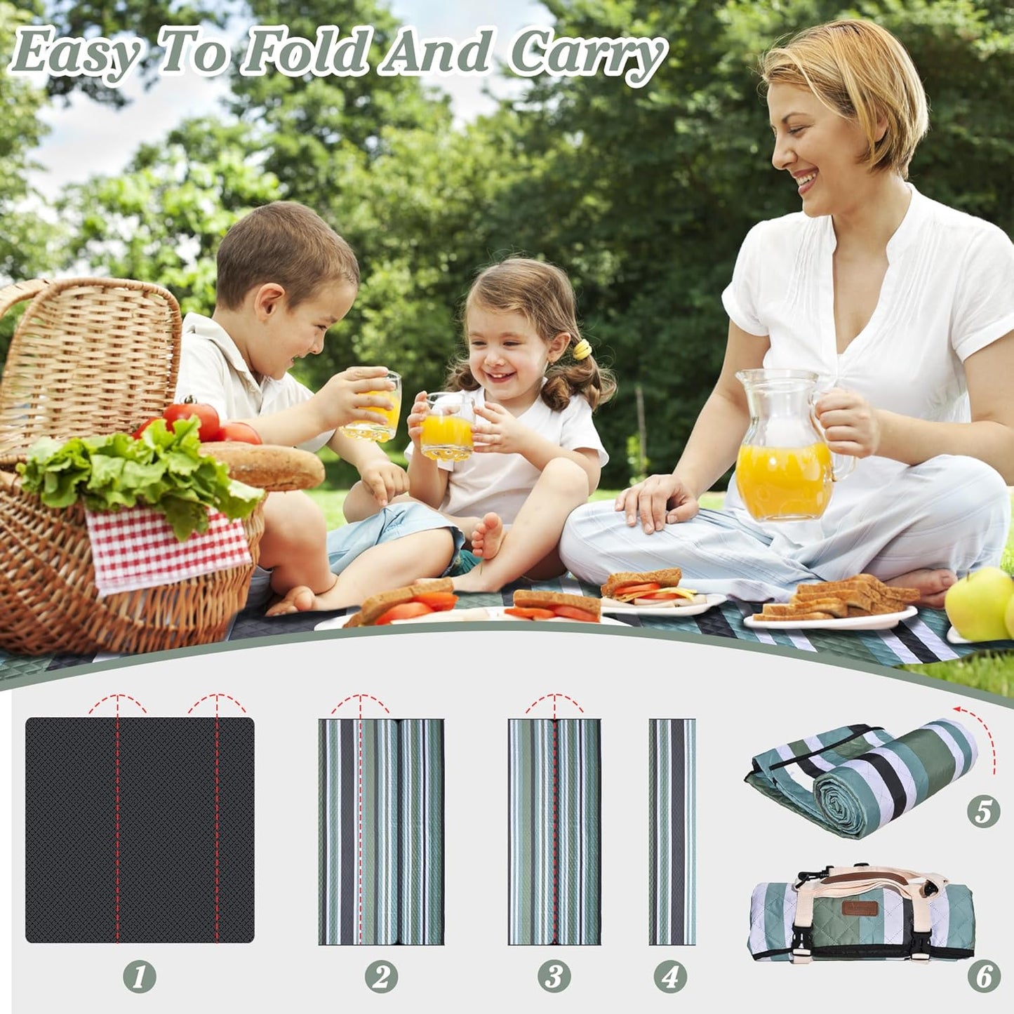 Waterproof Picnic Blanket 80" x 80" in Portable with Carry Strap for Beach Mat or Family Outdoor Camping Party, Park Blanket for Grass Park, Hiking, Travel, Concerts (Green&White, 80" x 80")
