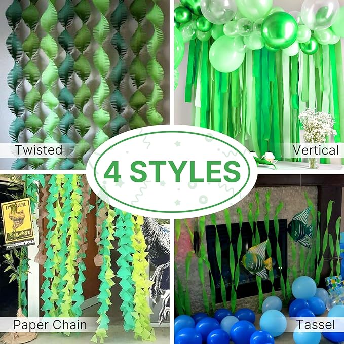 PartyWoo Dark Green Crepe Paper Streamers 4pcs 328ft Pack of Emerald Forest Hunter Green Crepe Paper Streamers for Birthday Baby Shower Woodland Dinosaur Jungle Football Theme Party Decorations