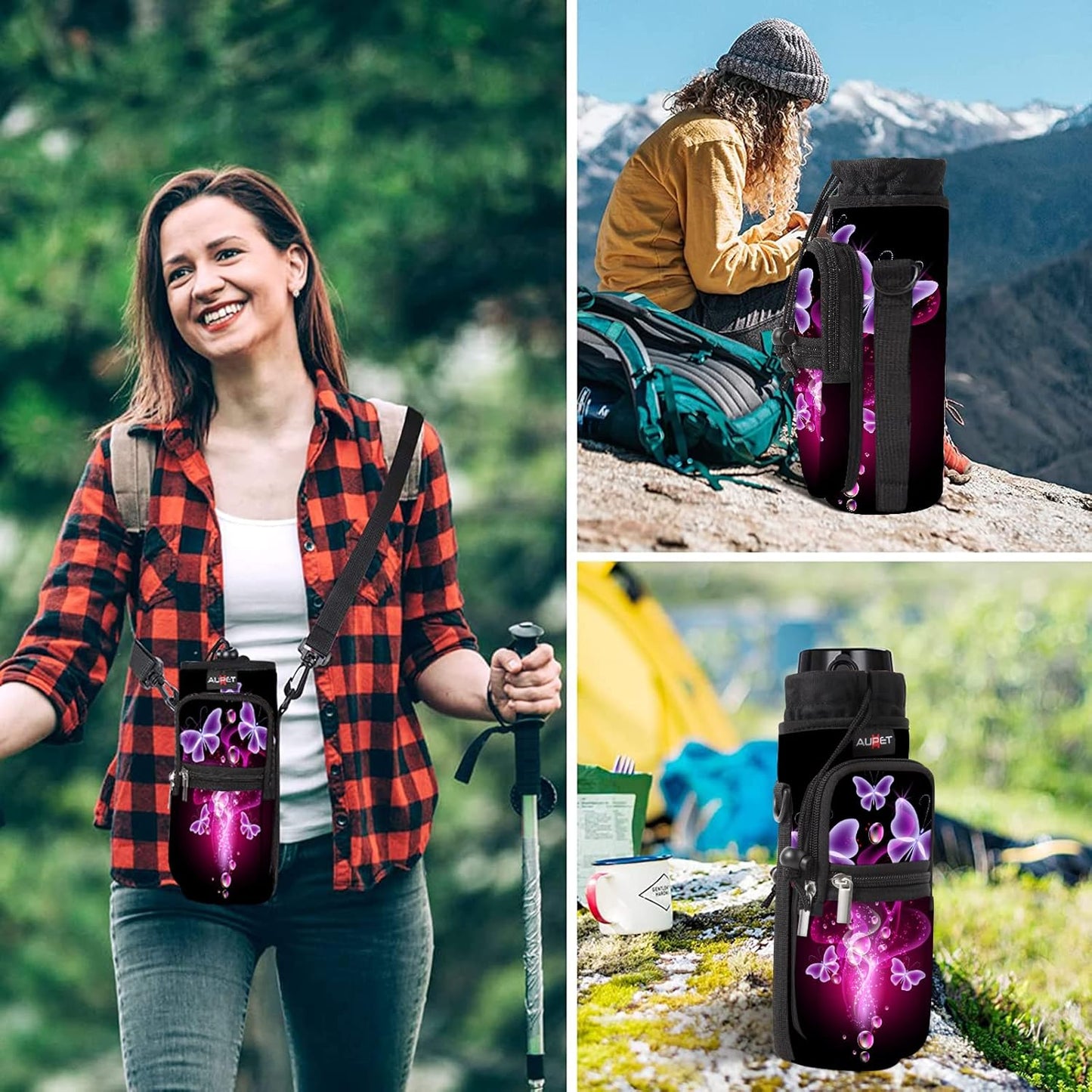 AUPET Water Bottle Sling Bag Sleeve Holder Carrier 25/32/40/64 oz,Insulated Crossbody Water Bottle Case Cover with Strap and Pockets for Men/Women Walking Hiking