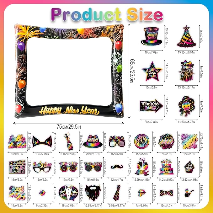 2026 New Year Photo Booth Inflatable Frame Kit, 30Pcs Fluorescent Color New Years Photo Booth Props with Inflatable Picture Frame for New Year Eve Party Selfie Props Supplies