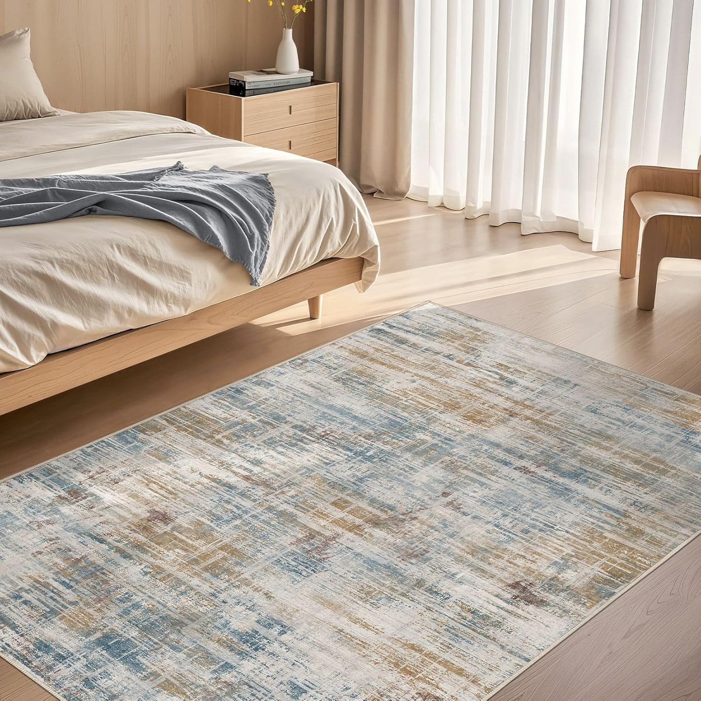 Area Rug for Living Room: 4x6 Washable Neutral Abstract Modern Soft Rugs Non Slip Indoor Floor Stain Resistant Carpet for Bedroom Dining Room Office Nursery - Blue Brown
