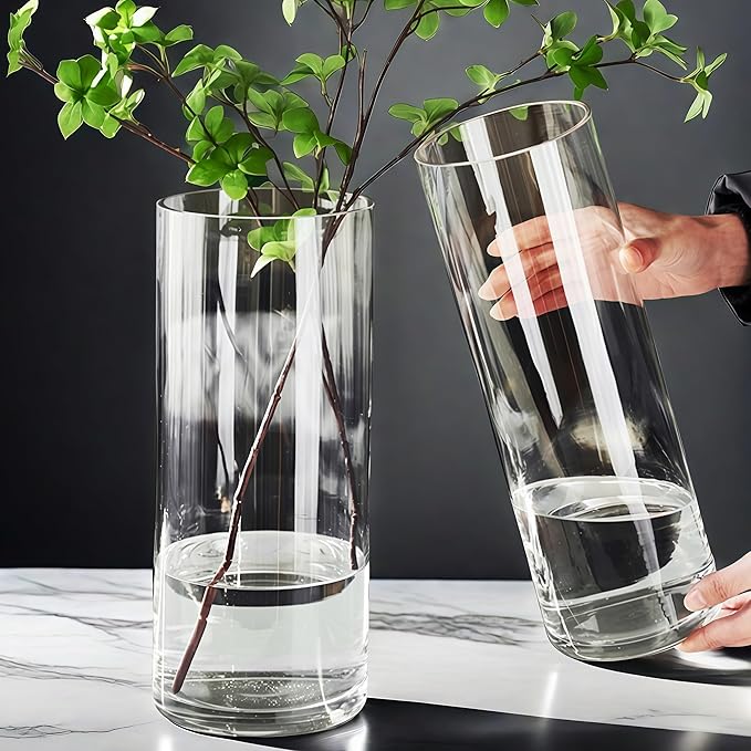 2 Acrylic Cylinder Clear Vase for Centerpieces, Tall Large Unbreakable Plastic Flower Vases for Home Decor (D 4.8" X H 7.8" - H 12" + 2 Holder)