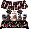 123pcs 13th Red and Black Party Decorations,Happy Birthday Banner Flags Paper,cups Straws Forks Cake Toppers Dessert plates Tablecloths and dinner plates,Officially a Teenager 13th Birthday Supplies