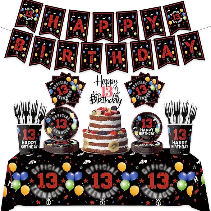 123pcs 13th Red and Black Party Decorations,Happy Birthday Banner Flags Paper,cups Straws Forks Cake Toppers Dessert plates Tablecloths and dinner plates,Officially a Teenager 13th Birthday Supplies