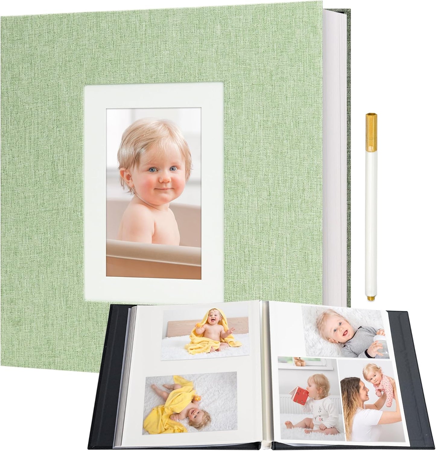 Vienrose Photo Album Self Adhesive for 2x3 4x6 5x7 8x10 Pictures DIY Scrapbook 60 Blank Pages Linen Cover Memory Book for Wedding, Baby Growth, Travel, Grassgreen