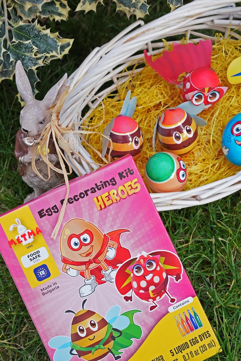 METMA 1999 Egg Decorating Kit Heroes - Complete Decorative Eggs Set with Liquid Dyes, Stickers, Egg Spinner, and More - Fun Easter Egg Dye Kit Arts and Crafts for Kids