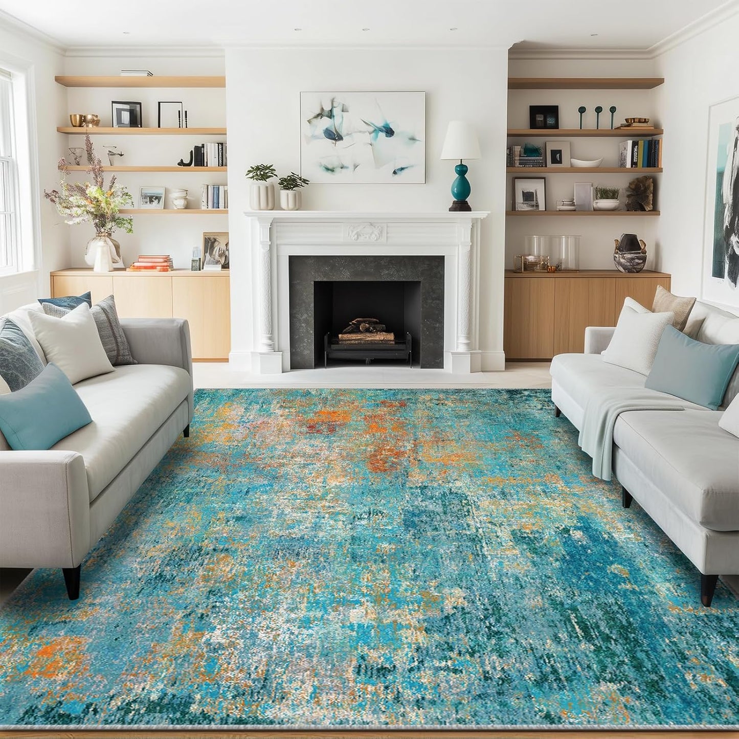 Washable Area Rugs 9'x12' Non-Slip Modern Abstract Soft for Living Room Entryway Bedroom Nursery, Print Pattern, Teal Blue Green Orange Rust Red Colorful