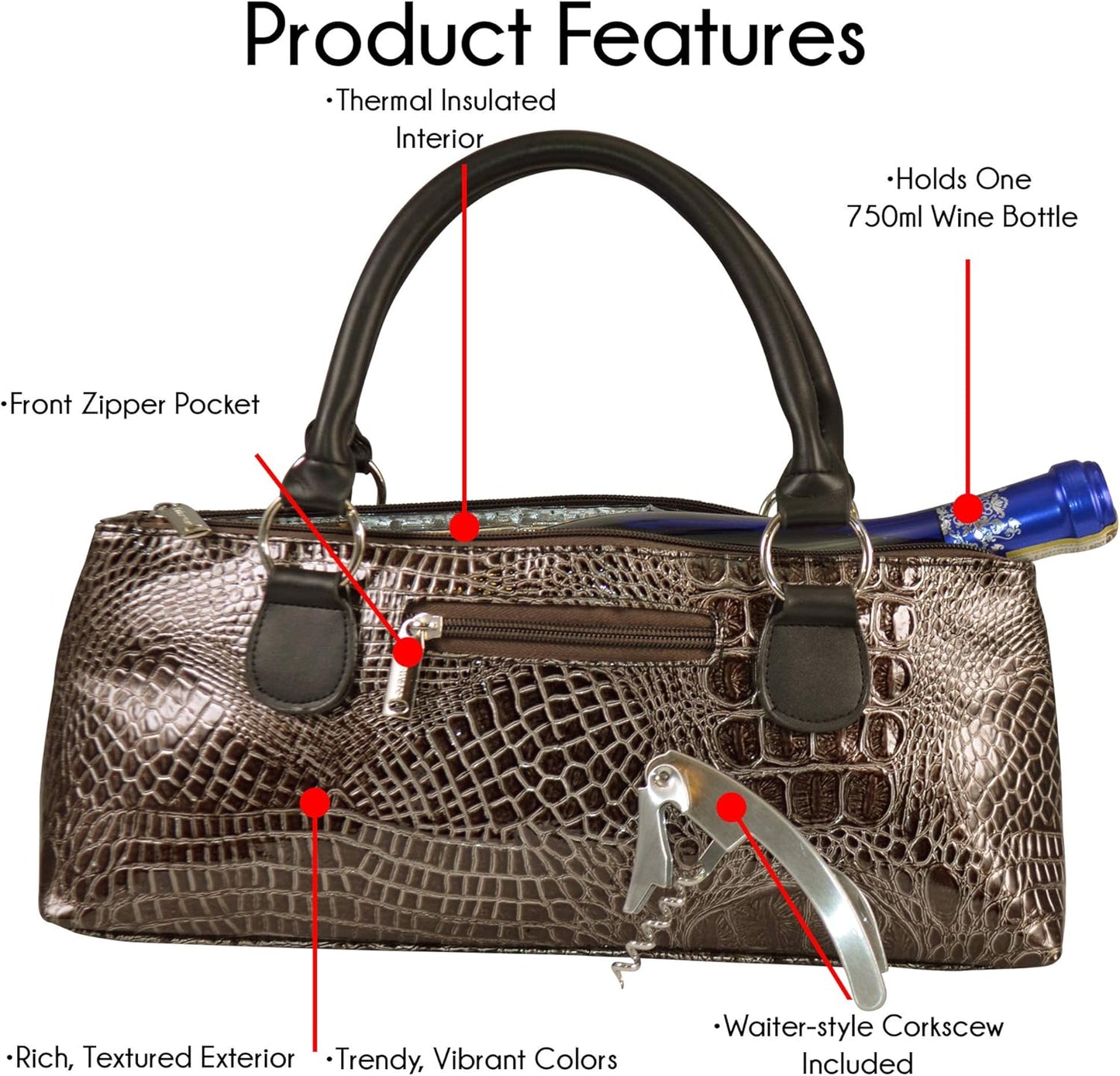 Wine Clutch Bag (Thermal Insulated) Trendy Women’s Carry Tote | Holds Red & White 750mL Bottles | Trendy Fashion | Incl. Portable Waiter-Style Corkscrew