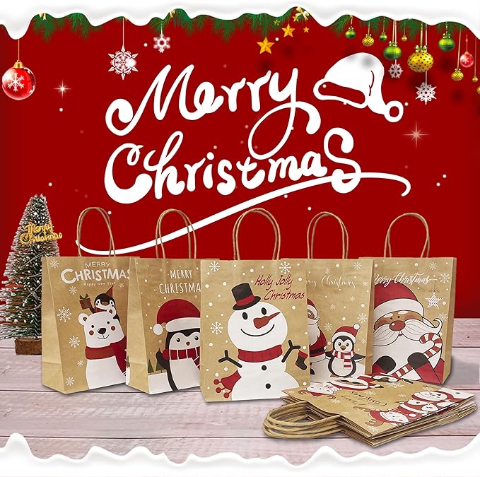 HSMOK 24PCS Christmas Gift Bags with Handles – 6 Festive Designs Medium Holiday Kraft Paper Bags for Kids, Adults, Party Favor, Treat, Goodie, Shopping, Xmas Decorations, 7.08x3.5x8.86 Inch