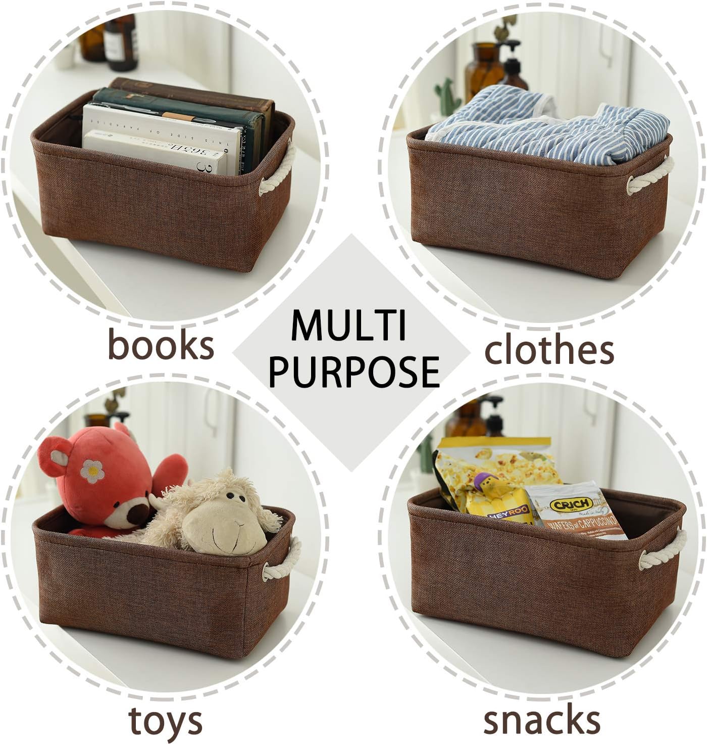 TheWarmHome Small Fabric Canvas Storage Bin with Cotton Rope Handles - Foldable Empty Basket for Gift (Brown-1 Pack,11.8L7.9W5.2H inch)