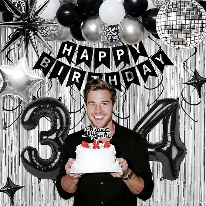 34th Birthday Decorations for Men Women, Black Silver Happy Birthday Party Decorations， 34 Year Old Party Supplies with Number 34 Balloons, Banner, Fringe Curtains Kit