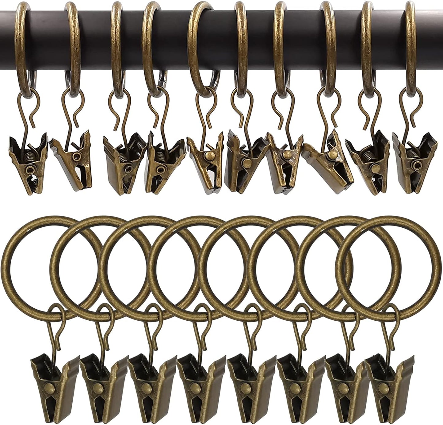 100 Pack Bronze Curtain Rings with Clips, Curtain Hooks Hangers Clip Rings for Hanging Drapes Bows Hat, Drapery Rings 1 in I D, Fits up to 5/8 in Diameter Curtain Rod.