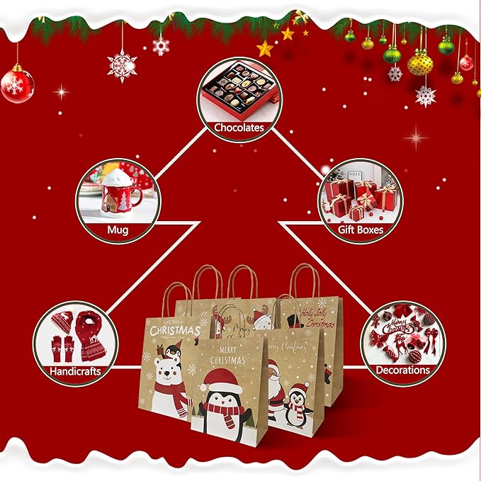HSMOK 24PCS Christmas Gift Bags with Handles – 6 Festive Designs Medium Holiday Kraft Paper Bags for Kids, Adults, Party Favor, Treat, Goodie, Shopping, Xmas Decorations, 7.08x3.5x8.86 Inch