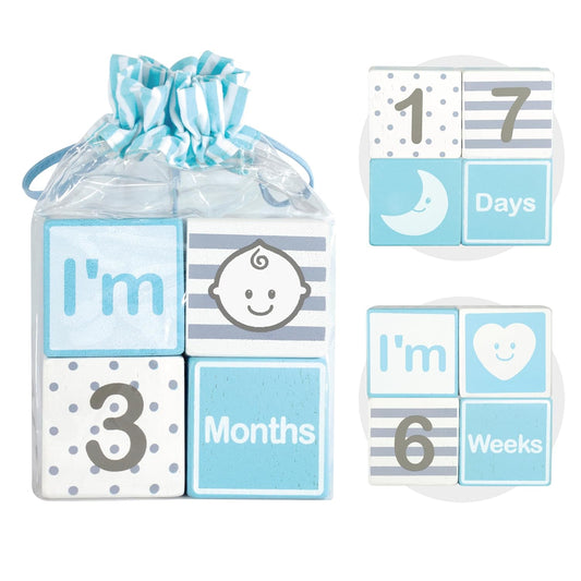 I'm Solid Wood Monthly Weekly Yearly Milestone Age Blocks, Newborn Gifts & Keepsakes for Picture Props (4 Pcs/Blue)