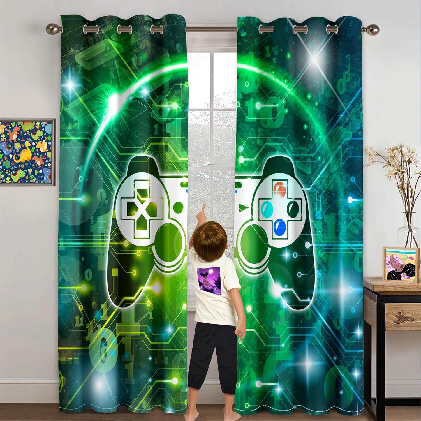 Gaming Curtain for Boys - 2Pcs Gamer Curtain Panels for Boys Bedroom Blackout Drapes Modern Games Patterns Windows Curtains Green Game Room Decor Grommet Top Curtains, 82" x 84"