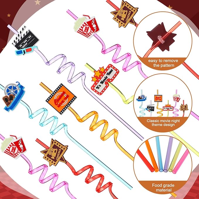 Yungyan 24 Sets Movie Night Party Favors Goodie Cups with Lids and Straws for Halloween Party Decorations Reusable 16oz Plastic Candy Cups Plastic Straws for Birthday Gift(Movie Night)