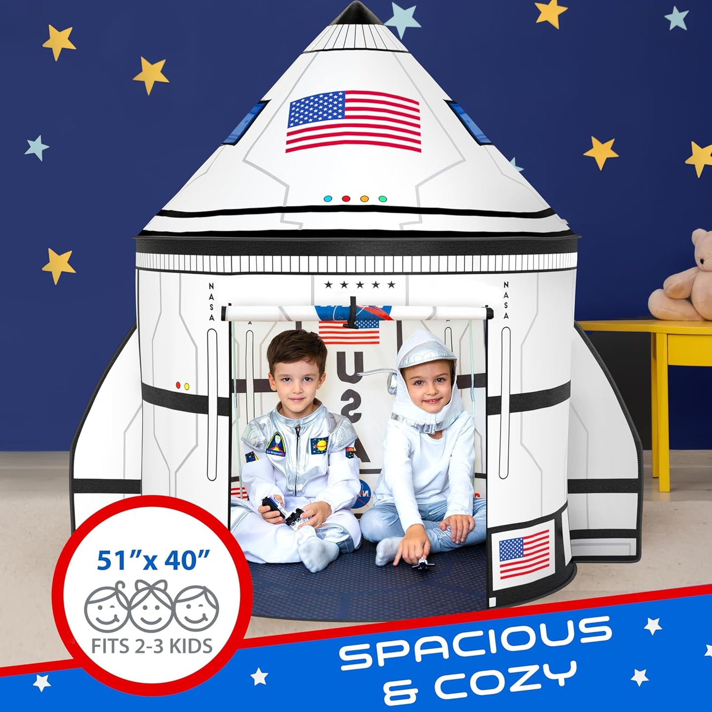 W&O Space Shuttle Explorer Tent with Blast-Off Button, LED Lights & 3 Space Toys – Rocket Ship Play Tent for Kids Ages 3-5