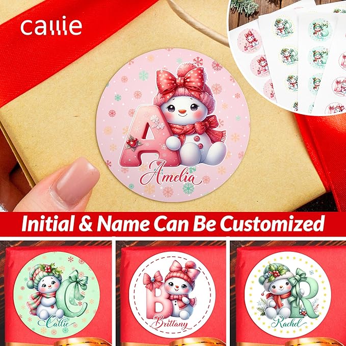 callie Personalized Christmas Stickers for Kids with Snowman Initial Name, Custom Waterproof Santa Labels for Gift Box, Party Decorations, Envelopes, 30pcs