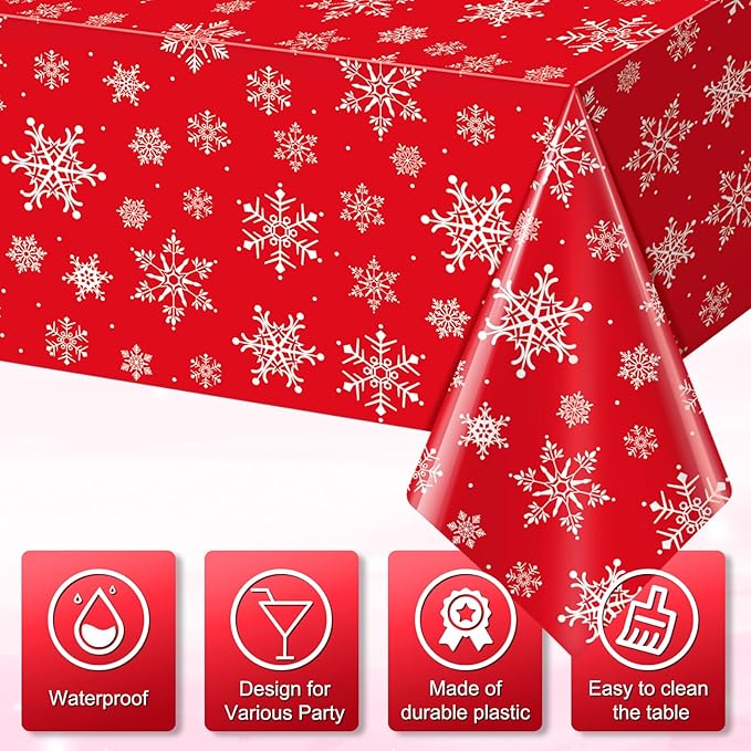 Jectivs 3 Pieces Christmas Snowflake Plastic Party Tablecloth Decorations,White Snowflake Red Xmas Backdrop Sign Table Cover Banner for Winter Christmas Holiday Party Supplies,54x108 inch (Red)