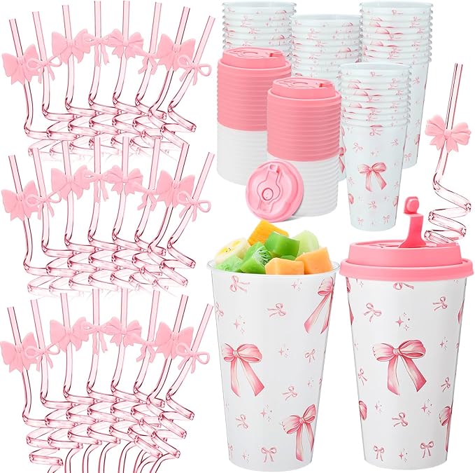 Yungyan 16 Sets Pink Bow Party Favors Goodie Cups with Lids and Straws for Birthday Coquette Party Decorations Reusable 16oz Plastic Candy Cups Plastic Straws for Christmas Decor(Pink Bow)