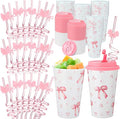 Yungyan 24 Sets Pink Bow Party Favors Goodie Cups with Lids and Straws for Birthday Coquette Party Decorations Reusable 16oz Plastic Candy Cups Plastic Straws for Christmas Decor(Pink Bow)