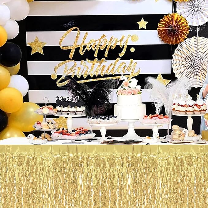 4P Wavy Metallic Tinsel Foil Fringe Table Skirts for Rectangle Tables Backdrop Garland Curtains for Parade Floats Wedding Birthday Parties Decoration Graduation 2025 Christmas (Light Gold)