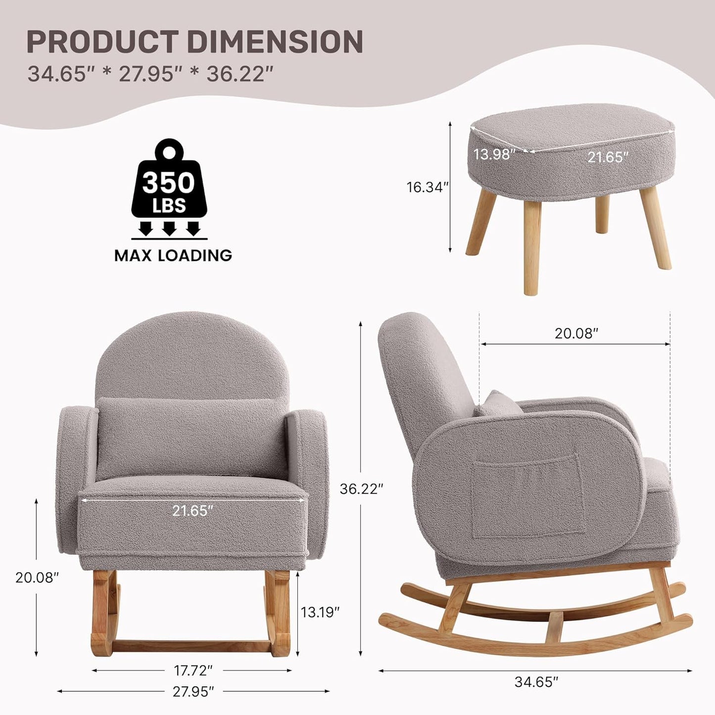 Nursery Rocking Chair with Ottoman, Upholstered Glider Rocker with High Backrest and Side Pocket, Rocking Accent Armchair with Solid Wood Legs for Nursery, Living Room, Bedroom Light Grey