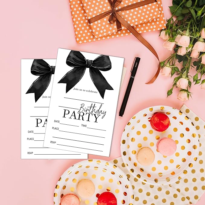 SIXEIGHT Black Bow Birthday Invitations, Black Ribbon Bow Birthday Party Invitations, 20 Party Invitations with Envelopes for Girls Boys, Birthday Party Favor & Decoration (4"x6")-A11