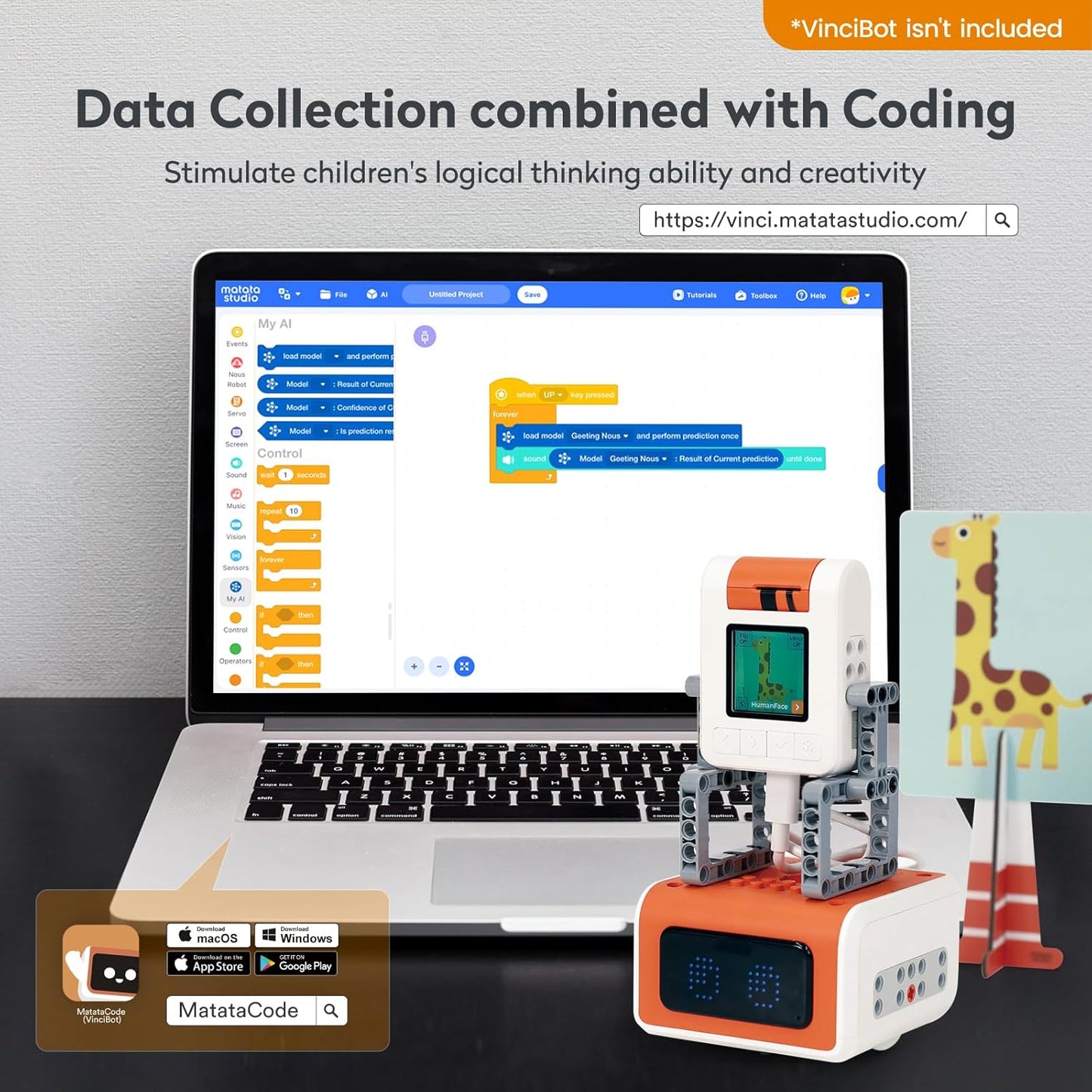 AI Vision Kit for VinciBot with a 180° Flip Camera, Programmable Screen and Modular Structure Can Add 7 Visual Functions, for Beginners and Advanced Learners of AI from 8-12