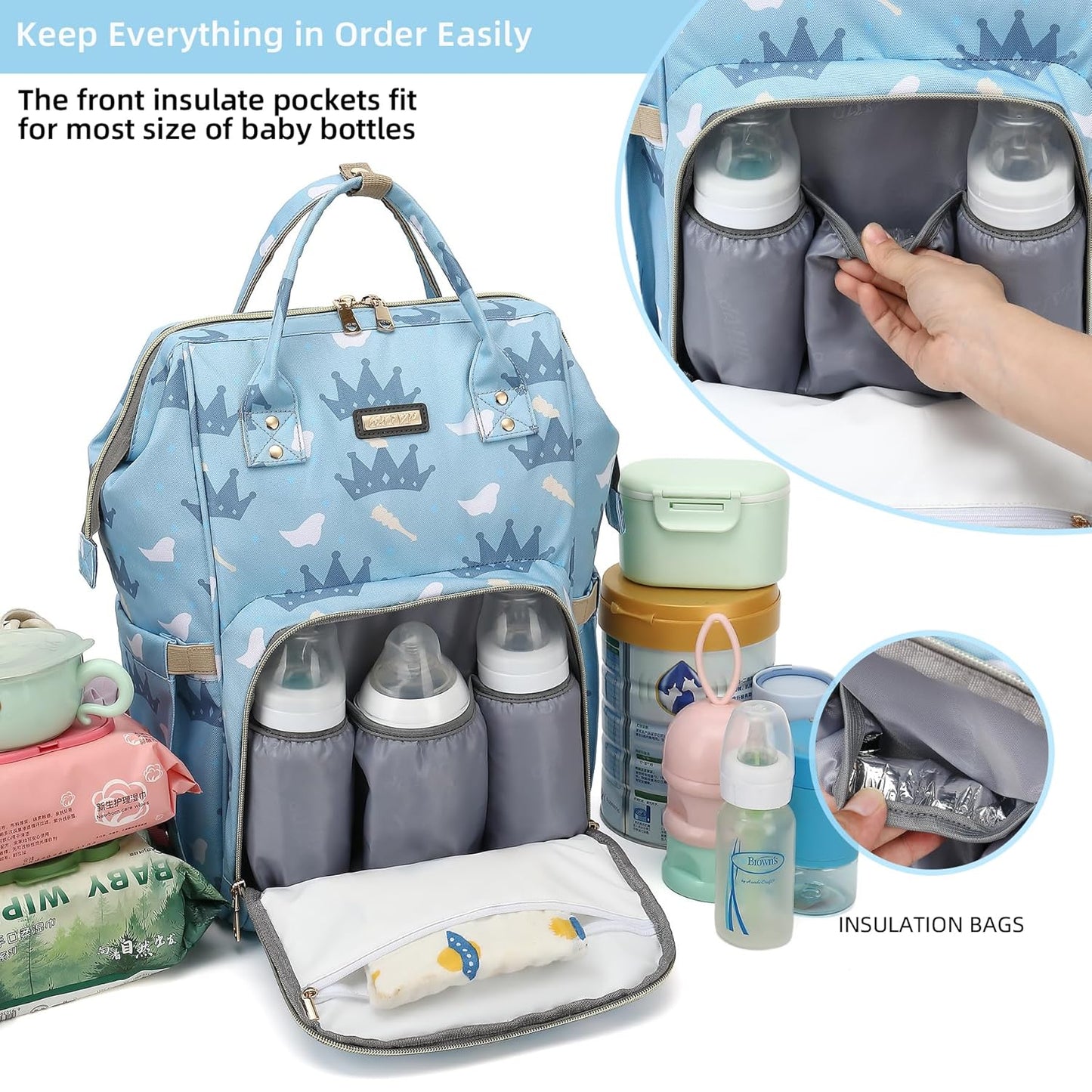 Diaper Bag Backpack, Diaper Bags for Baby Girls Boys, Baby Bags for Moms Dads, Nappy Changing Bag with Insulated Pockets,Multi-functional Waterproof Backpack with Stroller straps-Light blue crown