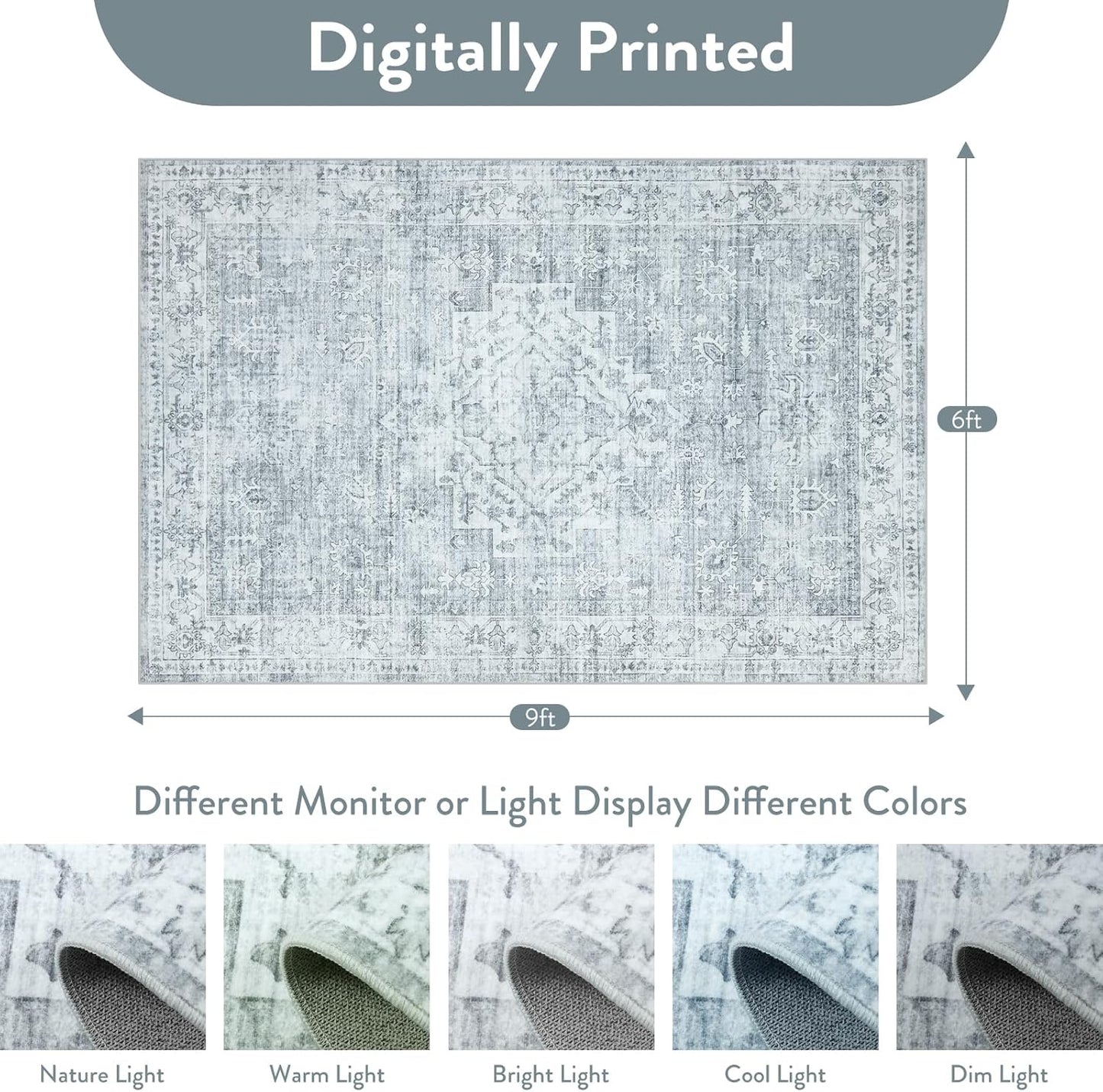 LIVEBOX Washable Area Rug 6x9 Rugs for Living Room Dining Room Under Table, Non-Slip Boho Neutral Carpet for Bedroom, Low-Pile Farmhouse Soft Carpets for Nursery Room Playroom, Grey