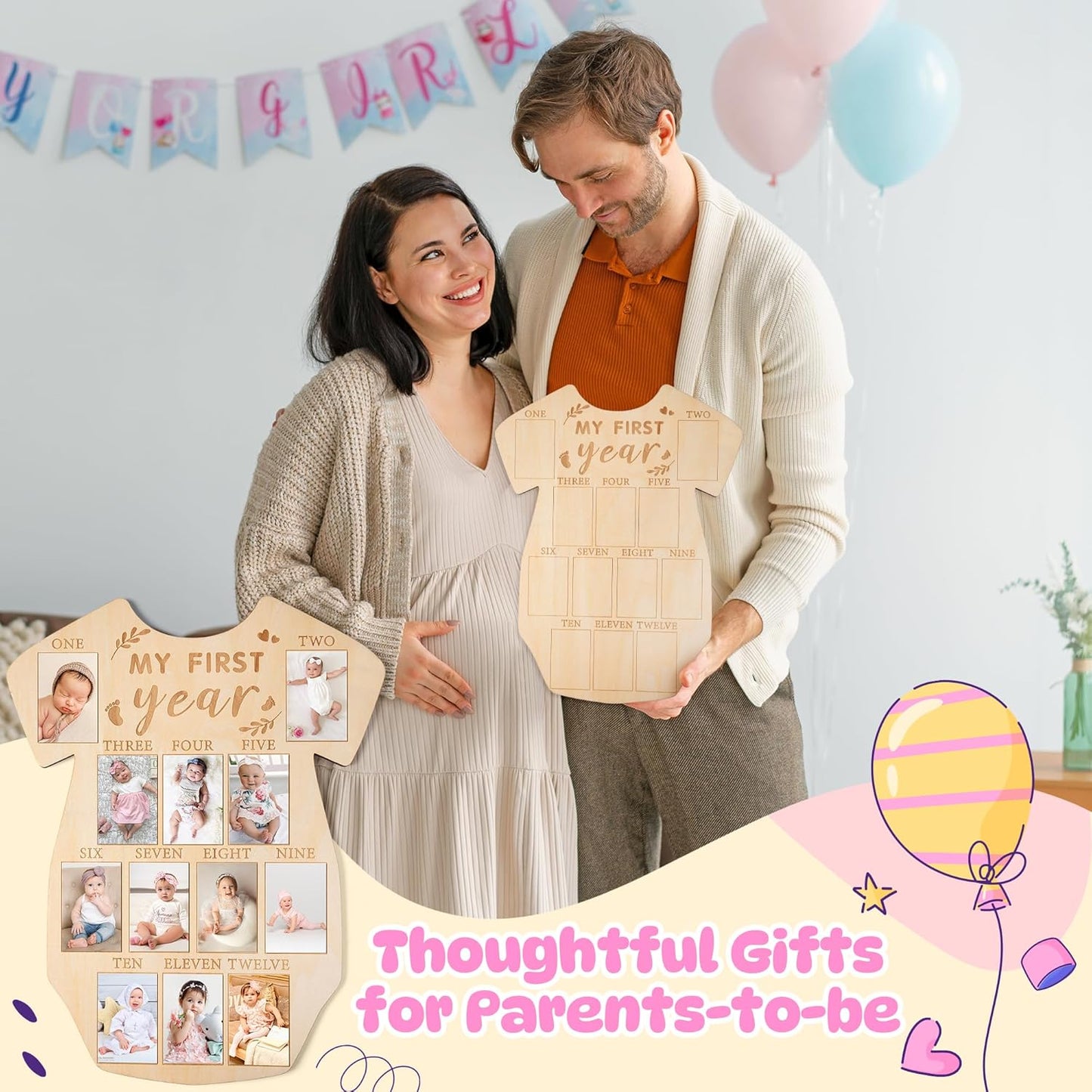 R HORSE My First Year Photo Display Wood Board, Baby’s First Year Picture Frame 12 Months Milestone Sign Bodysuit Shape 1st Birthday Photo Frame Baby Keepsake Board Nursery Decor Gift for Boy Girl